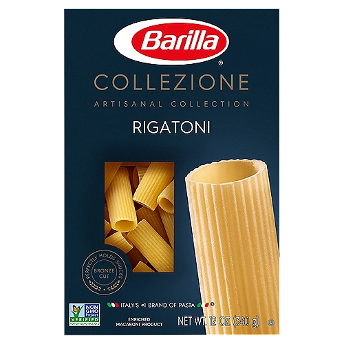 Barilla Collezione Rigatoni Pasta, 12 oz
Enriched Macaroni Product

Made with carefully sourced ingredients, Barilla® Collezione is crafted using traditional Italian bronze plates for an ''al dente'' texture that perfectly holds sauces and elevates your pasta dishes.

Rigatoni, inspired by ''riga'' (ridge) is a wide, tube-like shape of pasta from the Lazio region of Italy. With namesake ridges perfect for capturing every drop of sauce, Rigatoni is traditionally served with chunky meat or vegetable sauces.