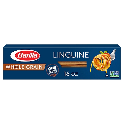 Barilla Whole Grain pasta is from 100% whole wheat and provides the same great taste, "al dente" texture, and quality you have come to expect from Barilla. Our delicious whole grain pasta delivers three times the fiber of our traditional pasta and 56g of whole grains in each serving. 
Barilla Linguine lends the perfect combination of texture, elegance and taste to your pasta dishes, from the simples to most elaborate. These flat, long strands of pasta are thinner and narrower than its relative fettuccine. The shape goes great with traditional pesto or tomato or fish-based sauces.