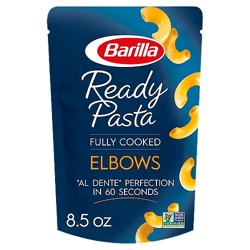 Barilla Fully Cooked Elbows Ready Pasta, 8.5 oz
Made with 3 Simple Ingredients:
Fully Cooked Pasta
Dash of Extra Virgin Olive Oil
Pinch of Salt