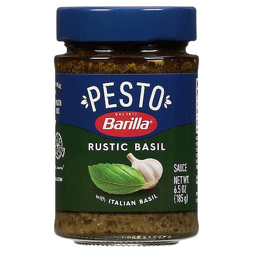 Barilla Rustic Basil with Italian Basil Pesto, 6.5 oz
Barilla Rustic Basil Pesto sauce is imported from Italy. This basil pesto sauce is made with high-quality ingredients like fragrant Italian basil and freshly grated Italian cheeses. Basil pesto is a flavorful complement to pasta, pizza, sandwiches, fish, chicken, veggies and much more. Perfect for creating a variety of authentic Italian dishes your whole family will enjoy.
