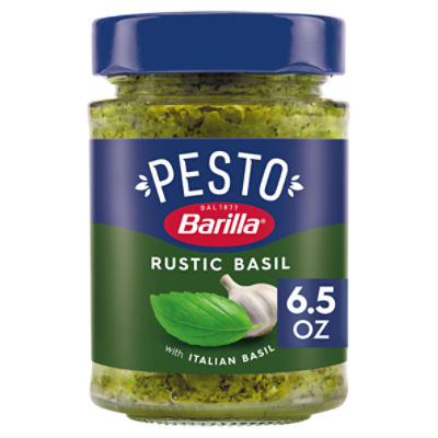 BARILLA Rustic Basil Pesto Sauce, 6.5 oz. Jar - Imported From Italy - Made with Fragrant Italian Basil & Freshly Grated Italian Cheeses - Non-GMO Ingredients - Pasta Sauce, Pizza Sauce & More