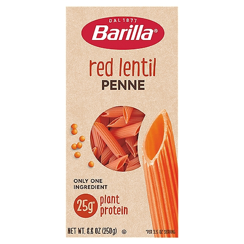 Barilla Red Lentil Penne Pasta, 8.8 oz
All legumes. Al dente. All great taste. Barilla Gluten Free Red Lentil Penne Pasta is made with just 1 simple ingredient: red lentils! Barilla Red Lentil Pasta is an excellent source of fiber, per serving, and is a Non-GMO and Certified Gluten Free pasta.
Barilla Red Lentil Penne pasta has a deliciously distinctive red lentil flavor and smooth al dente texture. Made entirely from red lentils, Barilla Red Lentil Penne pasta is deliciously wholesome, plant-based goodness.
Barilla legume pasta is the only plant-based protein pasta with a taste and texture that you come to expect from Barilla that will delight everyone's palates…from the adventurous to even the most particular. Mix red lentil pasta up with all kinds of vegetables, sauces, and fish for a new experience every night! Whether you're looking for gluten free pasta or following a plant-based or vegan diet, experience the difference of Barilla Red Lentil Pasta: Your taste buds will thank you.