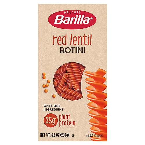 Introducing the delectable versatility of Barilla Red Lentil Rotini: Made with 1 simple ingredient, the only plant-based protein pasta with a taste and texture that delights everyone’s palates... from the adventurous to even the most particular. Perfected by the Barilla Masters of Pasta, this healthy pasta is made entirely with high protein red lentils. A nutritional powerhouse, this pasta serves up a meal that’ll make you feel as good as it tastes. Just like you would for traditional pasta, boil in water for 7-9 minutes for a perfectly al dente Rotini Mix it up with all kinds of vegetables, sauces, and fish for a new experience every night! Whether you’re looking for gluten-free pasta or following a plant-based or vegan diet, experience the difference of Barilla Red Lentil Pasta: Your taste buds will thank you.