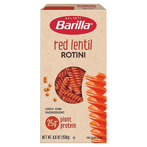 Barilla Red Lentil Rotini Pasta, 8.8 oz
25g* plant protein

25g* of protein

11g* of fiber
*Per 3. 5 Oz Serving

Rotini Made from Red Lentils
...and only red lentils. You won't find additives, like xanthan gum, in our ingredient list. We know pasta tastes best when we leave room for your creativity.
Barilla made it red lentil. You make it amazing.