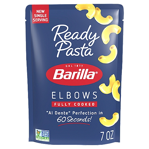 BARILLA Ready Pasta Elbows pasta is a fully cooked pasta that's ready in the microwave in just 60 seconds. Made with 3 simple ingredients—a dash of extra virgin olive oil, a pinch of sea salt and authentic BARILLA pasta—Ready Pasta has no preservatives and is non-GMO certified. Simply heat the pouch in the microwave then add your favorite pasta sauce or toppings for a quick and delicious dish or pasta meal. Get inspired with Barilla! Enjoy the full range of Barilla pasta and pasta sauces, including Barilla Protein+ pasta, Barilla Whole Grain pasta, Barilla Gluten Free pasta, Barilla Chickpea Pasta, Barilla Red Lentil Pasta, and Barilla Pesto.