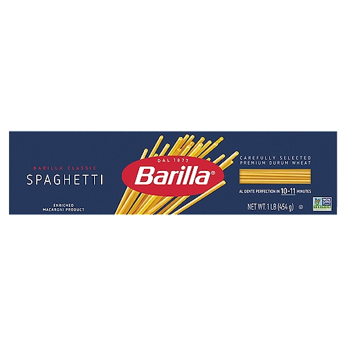 Barilla Spaghetti n.5 Pasta, 1 lb
Spaghetti pasta is the most popular pasta shape in Italy. The name comes from the Italian word spaghi, which means ''''lengths of cord.'''' Spaghetti pasta originates from the south of Italy and is commonly used with tomato pasta sauces, fresh vegetables, or fish. Barilla Spaghetti pasta is made from the finest durum wheat and is non-GMO verified, peanut-free and suitable for a vegan or vegetarian diet. Perfect for pairing with your favorite pasta sauce.

Get inspired with Barilla! Enjoy the full range of Barilla pasta and pasta sauces, including Barilla Ready Pasta, Barilla Protein+ pasta, Barilla Whole Grain pasta, Barilla Veggie pasta, Barilla Chickpea Pasta, Barilla Red Lentil Pasta and Barilla Gluten Free pasta.Spaghetti pasta is the most popular pasta shape in Italy. The name comes from the Italian word spaghi, which means ''''lengths of cord.'''' Spaghetti pasta originates from the south of Italy and is commonly used with tomato pasta sauces, fresh vegetables, or fish. Barilla Spaghetti pasta is made from the finest durum wheat and is non-GMO verified, peanut-free and suitable for a vegan or vegetarian diet. Perfect for pairing with your favorite pasta sauce.

Get inspired with Barilla! Enjoy the full range of Barilla pasta and pasta sauces, including Barilla Ready Pasta, Barilla Protein+ pasta, Barilla Whole Grain pasta, Barilla Veggie pasta, Barilla Chickpea Pasta, Barilla Red Lentil Pasta and Barilla Gluten Free pasta.
