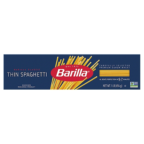Barilla Thin Spaghetti n.3 Pasta, 1 lb 
Enriched Macaroni Product

Simply Healthy. Simply Delicious.
Barilla pasta is the perfect foundation for a nutritious & delicious meal especially when paired with other healthy foods like olive oil, vegetables, legumes and lean proteins.