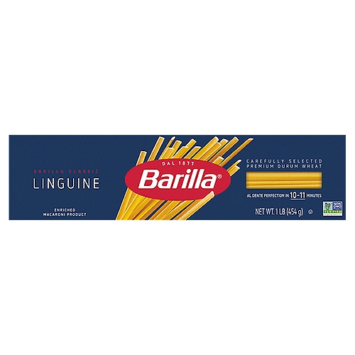 Barilla Classic Linguine N° 13 Pasta, 1 lb
Barilla Linguine pasta is made from long, flat strands of pasta. Linguine pasta is similar to fettuccine pasta, but is thinner and narrower. Linguine, which means “little tongues'' in Italian, originated in the Liguria region of Italy. Throughout this area, the air is fragrant with salty ocean breezes and the aroma of delicious food cooking. Barilla Linguine pasta is made from the finest durum wheat and is non-GMO verified, peanut-free and suitable for a vegan or vegetarian diet. Perfect for pairing with your favorite pasta sauce.

Get inspired with Barilla! Enjoy the full range of Barilla pasta and pasta sauces, including Barilla Ready Pasta, Barilla Protein+ pasta, Barilla Whole Grain pasta, Barilla Veggie pasta, Barilla Chickpea Pasta, Barilla Red Lentil Pasta and Barilla Gluten Free pasta.