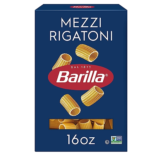 Barilla Mezzi Rigatoni pasta combines the heartiness of traditional Rigatoni pasta, with a smaller size, which makes for a charming variation of an old favorite. It's sure to delight your family and friends. Barilla Mezzi Rigatoni pasta is made with non-GMO ingredients. At Barilla, we're passionate about pasta. After all, we have been pasta makers since 1877. Our uncompromising quality has been trusted for generations. As a family-owned food company, Barilla is synonymous with high quality pasta that cooks to perfection every time. Our mezzi rigatoni pasta is made from the finest durum wheat and is non-GMO verified, peanut-free and suitable for a vegan or vegetarian diet. Perfect for pairing with your favorite pasta sauce. Get inspired with Barilla! Enjoy the full range of Barilla pasta and pasta sauces, including Barilla Ready Pasta, Barilla Protein+ pasta, Barilla Whole Grain pasta, Barilla Veggie pasta and Barilla Gluten Free pasta.