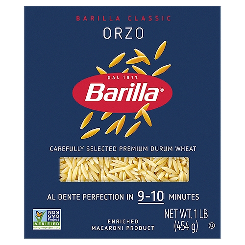 Barilla Orzo n.26 Pasta, 1 lb
Barilla Orzo pasta is used most traditionally in soups. Orzo, which means ''''barley'''' in Italian, is a very versatile, rice-shaped pasta. Orzo pasta has been widely adapted by chefs in Italy and America for both main courses as well as side dishes. Barilla Orzo pasta is made from the finest durum wheat and is non-GMO verified, peanut-free and suitable for a vegan or vegetarian diet. Perfect for pairing with your favorite pasta sauce.

Get inspired with Barilla! Enjoy the full range of Barilla pasta and pasta sauces, including Barilla Ready Pasta, Barilla Protein+ pasta, Barilla Whole Grain pasta, Barilla Veggie pasta, Barilla Chickpea Pasta, Barilla Red Lentil Pasta and Barilla Gluten Free pasta.Barilla Orzo pasta is used most traditionally in soups. Orzo, which means ''''barley'''' in Italian, is a very versatile, rice-shaped pasta. Orzo pasta has been widely adapted by chefs in Italy and America for both main courses as well as side dishes. Barilla Orzo pasta is made from the finest durum wheat and is non-GMO verified, peanut-free and suitable for a vegan or vegetarian diet. Perfect for pairing with your favorite pasta sauce.

Get inspired with Barilla! Enjoy the full range of Barilla pasta and pasta sauces, including Barilla Ready Pasta, Barilla Protein+ pasta, Barilla Whole Grain pasta, Barilla Veggie pasta, Barilla Chickpea Pasta, Barilla Red Lentil Pasta and Barilla Gluten Free pasta.