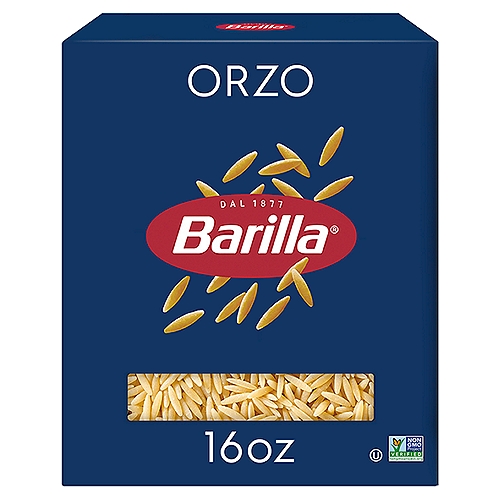 Barilla Orzo n.26 Pasta, 1 lb
Barilla Orzo pasta is used most traditionally in soups. Orzo, which means ''''barley'''' in Italian, is a very versatile, rice-shaped pasta. Orzo pasta has been widely adapted by chefs in Italy and America for both main courses as well as side dishes. Barilla Orzo pasta is made from the finest durum wheat and is non-GMO verified, peanut-free and suitable for a vegan or vegetarian diet. Perfect for pairing with your favorite pasta sauce.

Get inspired with Barilla! Enjoy the full range of Barilla pasta and pasta sauces, including Barilla Ready Pasta, Barilla Protein+ pasta, Barilla Whole Grain pasta, Barilla Veggie pasta, Barilla Chickpea Pasta, Barilla Red Lentil Pasta and Barilla Gluten Free pasta.Barilla Orzo pasta is used most traditionally in soups. Orzo, which means ''''barley'''' in Italian, is a very versatile, rice-shaped pasta. Orzo pasta has been widely adapted by chefs in Italy and America for both main courses as well as side dishes. Barilla Orzo pasta is made from the finest durum wheat and is non-GMO verified, peanut-free and suitable for a vegan or vegetarian diet. Perfect for pairing with your favorite pasta sauce.

Get inspired with Barilla! Enjoy the full range of Barilla pasta and pasta sauces, including Barilla Ready Pasta, Barilla Protein+ pasta, Barilla Whole Grain pasta, Barilla Veggie pasta, Barilla Chickpea Pasta, Barilla Red Lentil Pasta and Barilla Gluten Free pasta.
