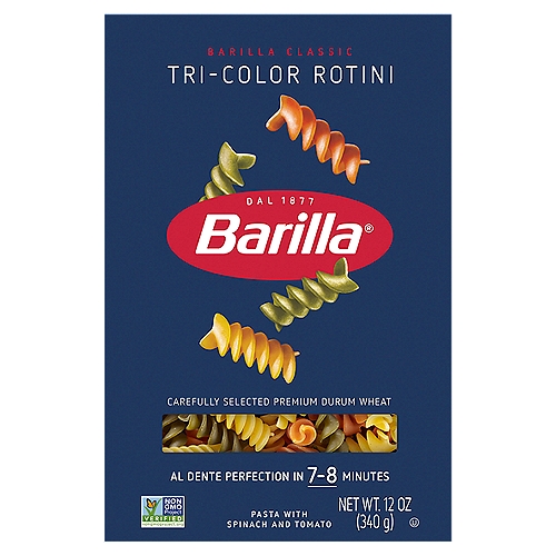 Barilla Tri-Color Rotini Pasta, 12 oz
Pasta with Spinach and Tomato

Simply Healthy. Simply Delicious.
Barilla pasta is the perfect foundation for a nutritious & delicious meal especially when paired with other healthy foods like olive oil, vegetables, legumes and lean proteins.