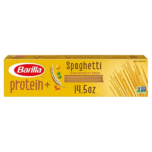 Barilla Protein+ Spaghetti Grain & Legume Pasta, 14.5 oz
Powered by Plant Protein
Made simply with delicious golden wheat + protein from lentils, chickpeas and peas.