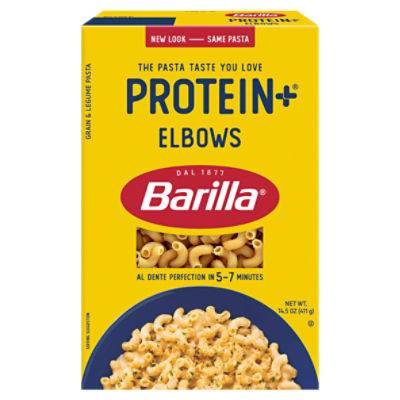 BARILLA Protein+ (Plus) Elbows Pasta, 14.5 Ounce - plant based pasta - Made from Lentils, Chickpeas & Peas - Non-GMO, Kosher Certified and Vegan, 14.5 Ounce