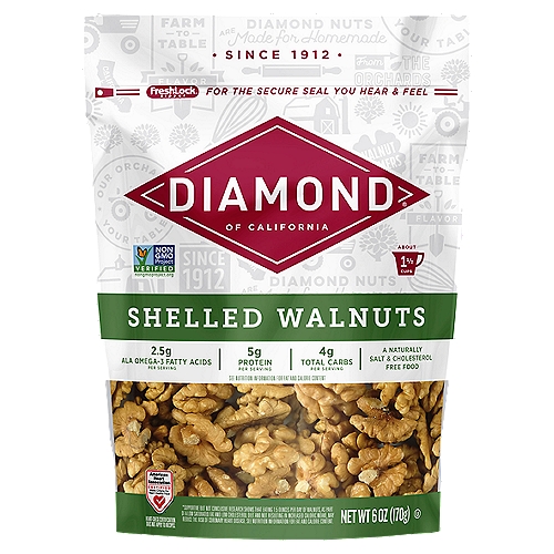 Diamond of California Shelled Walnuts, 16 oz
Freshlock® zipper 
For the Secure Seal You Hear & Feel