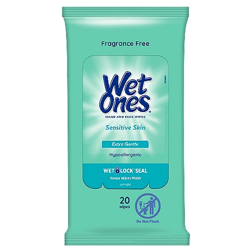 Wet Ones Sensitive Skin Fragrance Free Hand and Face Wipes, 20 count
Wet Lock™ Seal

Wet Ones® Sensitive Skin Hand and Face Wipes provide an extra gentle clean safe for the whole family. The hypoallergenic, non-drying, non-irritating formula is pediatrician tested and clinically shown to be gentle enough for a baby's skin.**
Wet Ones Sensitive Skin Hand and Face Wipes contain cucumber, chamomile, and other natural moisturizers safe for all skin types.
Wet Ones® Travel Packs are the perfect size for a fresh start anywhere.

Tackle everyday messes with a hand wipe that's tough on dirt, gentle on skin and made in the USA*. Pediatrician-tested, Wet Ones Sensitive Skin Hand and Face Wipes are so gentle, they're clinically shown to be safe enough for a baby's skin**. Hypoallergenic and fragrance-free, our extra gentle wipes contain cucumber, chamomile and other natural moisturizers that are safe for all skin types. Convenient, portable travel packs are designed to easily fit into your diaper bag, purse, glove compartment, and more, making cleaning on-the-go a breeze. The unique Wet Lock Seal locks in moisture so wipes won't dry out between uses and, since they are not liquid sanitizers, messy spills are a thing of the past. When life gets messy, get Wet Ones Clean! (*Made in the USA from global materials) (**When used as directed)