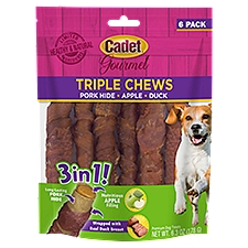 Cadet Gourmet Triple Chews 3 in 1 Pork Hide, Apple, Duck Premium Dog Treats, 6 count, 6.3 oz