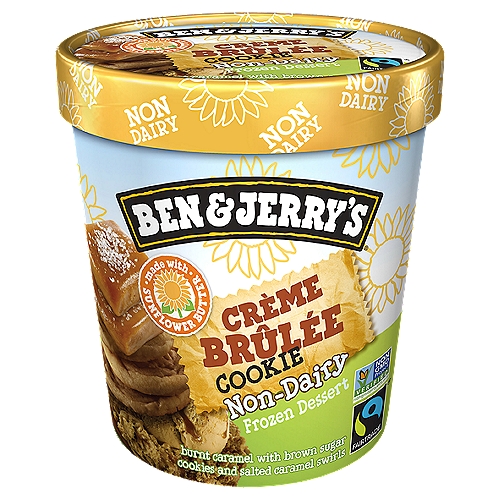 Ben and Jerry's Non-Dairy Creme Brulee Cookie Frozen Dessert 16 oz
Ben and Jerry's non-dairy frozen dessert. Burnt caramel vegan ice cream with brown sugar cookies and salted caramel swirls. Fancy French restaurant menus have met their match with this vegan dessert indulgence! When dessert calls for something with a certain je ne sais quoi, reach for a pint of Creme Brulee Cookie Non-Dairy and your fanciest spoon. When churning up this flavor, our Flavor Gurus started with sunflower seed butter to ensure a perfectly creamy texture. After all, it's a dairy-less twist on a dessert menu standard, so they wanted to get it just right. They found that sunflower seed butter made the perfect neutral starting point for even the most challenging flavors. And with a delicate balance of burnt caramel, brown sugar, and salted caramel flavors, this pint was indeed a challenge to get just right. After all, those French chefs can be quite exacting. Whether you follow the salted caramel swirls or dig out chunk after chunk of brown sugar cookies, this 100% dairy-free dessert is sure to have you dreaming about romantic nights in Paris and beyond. Bon appetit! Creme Brulee Cookie Non-Dairy Vegan diet frozen treat is made with non-GMO sourced ingredients, including Fairtrade sugar. Plus, it comes in responsibly sourced packaging. Now that's a Ben and Jerry's treat you can feel extra good about!