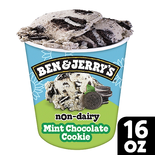 Ben & Jerry's Mint Chocolate Cookie Non-Dairy Frozen Dessert, one pint
Ben & Jerry's non-dairy frozen dessert. Mint vegan ice cream with chocolate sandwich cookies. It's “mint'' to be! Mint lovers everywhere are head over heels for this refreshing vegan dessert.

Fans have been asking us for a dairy-less version of our Mint Chocolate Cookie flavor for ages now, and we've finally gotten the recipe just right. For this pint, our Flavor Gurus used sunflower seed butter to get the creamy texture that Ben & Jerry's fans know and love. They found that it made the perfect neutral medium for even the most challenging flavors — like mint, which likes to be the star of the pint. And now you can dig in to this fan favorite dairy-less-ly, and still with all the cookie chunks you love! There's something extra special about the combination of mint and chocolate. It's cool and refreshing, with a sweet cocoa finish that is oh-so-satisfying. And it might just be the only dessert that you can enjoy after you've just finished brushing your teeth! Midnight snack, anyone? No, just us? Alright then. We'll save you a chocolate sandwich cookie or two.

Mint Chocolate Cookie Non-Dairy is 100% vegan and is made with non-GMO sourced ingredients, including Fairtrade cocoa and sugar. And it all comes packed in responsibly sourced packaging. Now that's sweet!