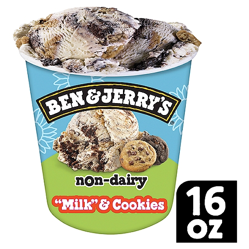 Ben & Jerry's ''Milk'' & Cookies Non-Dairy Frozen Dessert Ice Cream, 16 oz
Ben & Jerry's non-dairy frozen dessert. Vanilla vegan ice cream with chocolate chip cookies, chocolate sandwich cookies, and chocolate cookie swirls. A cookie lover's dream, this frozen dessert treat has it all — except the dairy! (Don't let the name fool you, it's 100% dairy-free!)

Fans have been asking us for a dairy-less version of our Milk and Cookies flavor for some time now, and we've finally gotten the recipe just right. For this pint, our Flavor Gurus used sunflower seed butter to get the creamy texture that you expect from Ben and Jerry's. They found that it made the perfect neutral starting point for even the most challenging flavors. So, cookie lovers, rejoice! Dig in to this pint of cookie nirvana with two different types of cookie chunks, plus a chocolate cookie swirl that you could follow for days. Share with a friend or two, or keep it all to yourself (seriously, we can't blame you). After all, sharing might mean that they snag all the chocolate sandwich cookies, and that's a risk you may not be willing to take.

Ben & Jerry's “Milk'' and Cookies Non-Dairy is 100% vegan and is made with non-GMO sourced ingredients, including Fairtrade cocoa, sugar, and vanilla. And it comes all packaged up in responsibly sourced packaging. Now that's extra sweet.