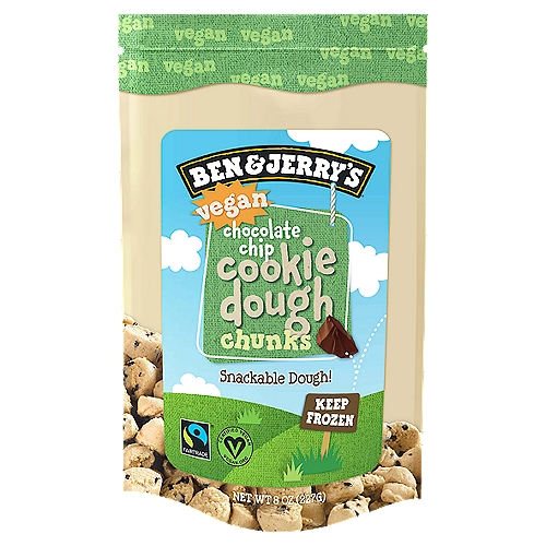 Here's to cookie dough fans who love tunneling through our ice cream on the way to get the dough. Once you've discovered the coolest-ever cache of dough chunks you can grab straight from the package, we think you'll agree it's the direct-est route to dough-phoria you can get. Enjoy!

Ben & Jerry's free the chunks! Love tunneling through your pint of Ben & Jerry's to dig out the cookie dough chunks? You're not alone! Now you can enjoy just the dough chunks, no digging required. This 100% vegan, plant-based treat is perfect for snacking all on its own, or for sprinkling on your sundae for even more doughy euphoria.

Ever since an anonymous fan suggested we put cookie dough chunks in our vanilla ice cream way back in 1984, it's been one of our biggest fan favorite flavors. The vegan Ben & Jerry's Non-Dairy version has been no different, with fans scooping up pint after dough-licious pint. The message is clear: people love chocolate chip cookie dough! And when digging it out of your pint gets a little too exhausting, reach for a bag of just the chunks. Plant-based snacking has never been this, well, Ben & Jerry's. The Flavor Gurus really knew what they were doing when they whipped these up! Snag a bag today and take your love for chocolate chip cookie dough to epic heights.

This vegan frozen dessert Chocolate Chip cookie Dough Chunks are made with non-GMO sourced ingredients and Fairtrade Certified cocoa, sugar, and vanilla. Feel good about every doughy bite!