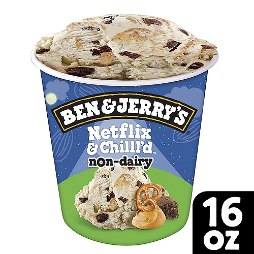 Ben and Jerry's Non-Dairy Netflix and Chilll'd Frozen Dessert 16 oz
Ben and Jerry's Peanut butter non-dairy frozen dessert with sweet and salty pretzel swirls and fudge brownies. Ben and Jerry's has teamed up with Netflix to churn up an extra special vegan ice cream treat perfect for your next chill sesh. Grab your favorite friends and pop open a pint!

Follow the sweet and salty pretzel swirls as you follow the plot twists of your favorite drama, and dig out a fudgy brownie every time you laugh out loud at that new comedy special. Just like your Netflix queue, this pint has something for everyone in your crew. And because it's made with almond milk and is vegan, Netflix and Chilll'd Non-Dairy has even your dairy-free friends covered. Whether you're streaming a laugh-out-loud comedy, an edge-of-your-seat drama, or a hey-I-didn't-know-that documentary, it's incomplete without a tasty treat and plenty of spoons. And while you may fight for control of the remote, there are plenty of those oh-so-fudgy brownies to go around. Euphoria awaits under the lid of a pint of Netflix and Chilll'd Non-Dairy — go forth and chillax, dessert lover.

Netflix and Chilll'd plant based dessert is made with non-GMO sourced ingredients, including Fairtrade cocoa, sugar, and vanilla. Plus, it all comes packaged in responsibly sourced packaging. Now that's extra sweet!
