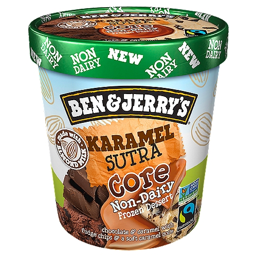 Chocolate & Caramel with Fudge Chips & a Soft Caramel Core Find your way to the ultimate experience with our non-dairiest of Cores. Whether your primal urges lead you to the center of soft caramel or directly to the fudge chips, you'll be in total control of your own non-dairy destiny. Ben & Jerry's Chocolate and caramel non-dairy frozen dessert with fudge chips and a soft caramel core.