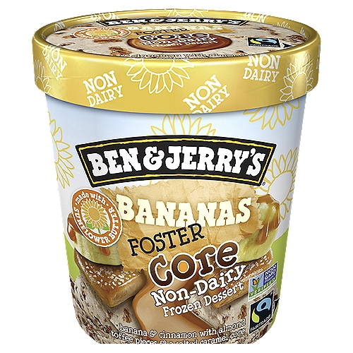 Ben & Jerry's Non-Dairy Bananas Foster Core Frozen Dessert 16 oz
Ben & Jerry's Bananas Foster Core Non-Dairy frozen dessert and features banana and cinnamon vegan ice cream, almond toffee clusters, and a thick salted caramel core. With none of the dairy, but all the flare, this 100% certified vegan and gluten-free frozen dessert made from sunflower butter has everything you need to experience bananas Foster like never before.
Bananas Foster may have originated in New Orleans, but it quickly found its way into the hearts of banana lovers far and wide. We've dispensed with the dairy, added some incredible almond toffee clusters (because toffee makes everything better, we're sure of it), and the result is a dairy-free, gluten-free frozen dessert that you'll be absolutely bananas for. And have we mentioned the salted caramel core? If you love Ooey gooey swirls in your Ben & Jerry's flavors, a core is like the biggest, most euphoric swirl you've ever seen. Grab a spoon and hold on tight, caramel and banana lovers because this pint is a journey to vegan nirvana that you won't want to return from.
Even better, Bananas Foster Core non dairy ice cream is made with non-GMO sourced ingredients, including Fairtrade Certified bananas, sugar, and vanilla. And it's certified gluten-free, so you can be sure that it's right for your gluten-free lifestyle. Find it in a freezer near you now!

Banana & Cinnamon with Almond Toffee Pieces & a Salted Caramel Core

Our non-dairiest take on this classic New Orleans dessert offers all the cinnamon-kissed banana, brown sugar & saucy caramel you'd expect. The only thing missing is the tableside flambé service.