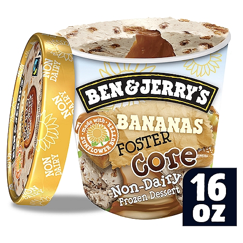 Ben & Jerry's Bananas Foster Core Non-Dairy frozen dessert and features banana and cinnamon vegan ice cream, almond toffee clusters, and a thick salted caramel core. With none of the dairy, but all the flare, this 100% certified vegan and gluten-free frozen dessert made from sunflower butter has everything you need to experience bananas Foster like never before.
Bananas Foster may have originated in New Orleans, but it quickly found its way into the hearts of banana lovers far and wide. We've dispensed with the dairy, added some incredible almond toffee clusters (because toffee makes everything better, we're sure of it), and the result is a dairy-free, gluten-free frozen dessert that you'll be absolutely bananas for. And have we mentioned the salted caramel core? If you love Ooey gooey swirls in your Ben & Jerry's flavors, a core is like the biggest, most euphoric swirl you've ever seen. Grab a spoon and hold on tight, caramel and banana lovers because this pint is a journey to vegan nirvana that you won't want to return from.
Even better, Bananas Foster Core non dairy ice cream is made with non-GMO sourced ingredients, including Fairtrade Certified bananas, sugar, and vanilla. And it's certified gluten-free, so you can be sure that it's right for your gluten-free lifestyle. Find it in a freezer near you now!

Banana & Cinnamon with Almond Toffee Pieces & a Salted Caramel Core

Our non-dairiest take on this classic New Orleans dessert offers all the cinnamon-kissed banana, brown sugar & saucy caramel you'd expect. The only thing missing is the tableside flambé service.