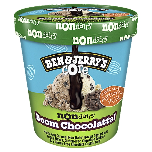 Ben & Jerry's Non-Dairy Boom Chocolatta® Core Frozen Dessert 16 oz
Ben & Jerry's Boom Chocolatta Cookie Core Non-Dairy frozen dessert features mocha and caramel vegan ice cream with chocolate cookies, fudge flakes and a chocolate cookie core. There is a lotta stuff to love about this pint! Dig in for a certified gluten-free, 100% vegan dessert masterpiece that will fulfill any chocolate cookie craving.
There's something extra special about a Non-Dairy pint with a thick cookie core. We recommend planning out your spooning strategy before you dig in to ensure maximum deliciosity. Will you go for the thick chocolate cookie core first? Or enjoy the mocha and chocolate vegan frozen dessert and save the core for last? Luckily, there's no wrong answer, and a lot of right answers. With a pint, this chock full of chocolate, every bite of vegan dessert euphoria brings you one step closer to chocolate nirvana. And since this flavor is a certified gluten-free dessert, you can dig in knowing that it's the right choice for your gluten-free lifestyle. Made with almond milk, it's the perfect vegan pint for satisfying your sweet tooth.
Ben & Jerry's Boom Chocolatta Cookie Core Non-Dairy is made with non-GMO sourced ingredients, including Fairtrade Certified sugar, cocoa, coffee, and vanilla. It is certified gluten-free and certified vegan.

Mocha & Caramel with Fudge Flakes, Gluten-Free Chocolate Cookies & a Gluten-Free Chocolate Cookie Core

As you slam dunk your spoon through the non-dairy mocha & caramel to celebrate the epically gluten-free chocolate cookie core, your technique may not be perfect, but the victory's perfectly delicious.
