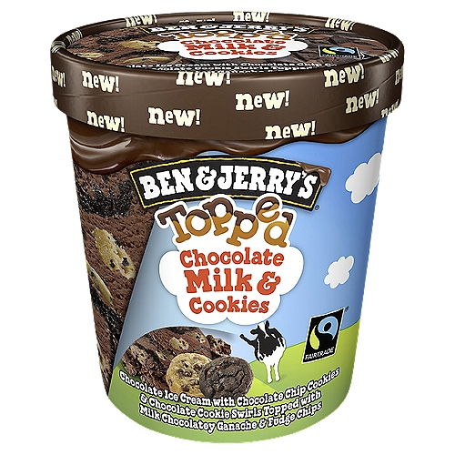 Ben & Jerry's Ice Cream Chocolate Milk & Cookies Topped 15.2 oz
Ben & Jerry's Chocolate Milk & Cookies Topped ice cream features chocolate ice cream with chocolate chip cookies and a chocolate cookie swirl topped with milk chocolatey ganache and fudge chips. If you're a chocolate cookie lover — or any kind of chocolate lover, really — this pint should be at the Topped of your shopping list!
We've given our classic Milk & Cookies ice cream an extra chocolatey twist and added it to the Topped lineup! Cookie lovers know that dunking your cookies in milk is good, but dunking them in chocolate milk is on a whole 'other level. Add in a decadent milk chocolatey ganache topping plus fudge chips, and you're destined for the great state of chocolate cookie euphoria. There are precious few desserts that aren't enhanced with the addition of more chocolate. In fact, we're having trouble coming up with any at all. Tap into your inner chocolate milk-loving kid and take this pint for a spin! 
Ben & Jerry's Chocolate Milk & Cookies Topped ice cream is made with non-GMO sourced ingredients, including eggs from cage-free hens and Fairtrade Certified cocoa, sugar, and vanilla. Plus, it comes in responsibly sourced packaging, so you can feel good about every scoop!

We've taken our classic milk-&-cookie goodness to a whole 'nother level of greatness. Now the most euphoric assortment of cookies we ever dunked, chunked & swirled are submerged in milk chocolate ice cream & topped with rich, indulgent ganache.