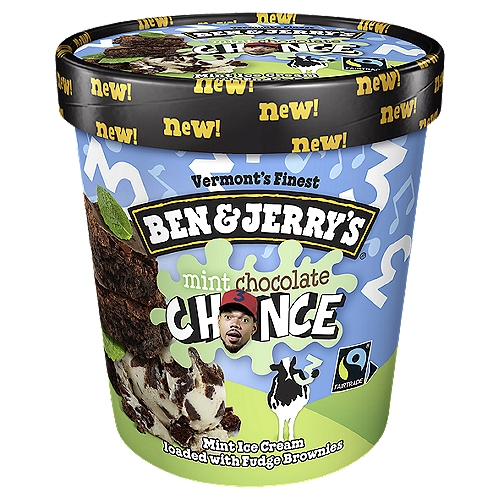Ben & Jerry's Ice Cream Mint Chocolate Chance 16 oz
Ben & Jerry's Mint Chocolate Chance features mint ice cream loaded with fudge brownies. Inspired by Chance the Rapper's love of mint ice cream, this pint has all the refreshing mint flavor you're craving, plus brownies so fudgy and delicious you'll be rapping in delight.
We've long been fans of Chance the Rapper's award-winning musical prowess. Whether he's wowing his fans with his brand of lyrical storytelling or joining forces with other artists for dazzling collaborations, he's always at the top of his game. And speaking of collaborations, this might be his sweetest one yet. Chance's favorite ice cream flavor is mint, so Mint Chocolate Chance was truly “mint'' to be. And since mint and chocolate are a duo fit for music royalty, we figured we couldn't go wrong by adding plenty of fudgy brownies. You'll be asking for an encore of this decadent frozen dessert treat, and scooping up repeat performances whenever the opportunity arises. Grab a spoon and enjoy a front row seat to Chance the Rapper's ice cream debut!
Ben & Jerry's homemade ice cream is made with non-GMO sourced ingredients, including Fairtrade Certified cocoa, sugar, and vanilla. Plus, it comes in responsibly sourced packaging, so you can feel good about every scoop!

Mint chocolate Chance inspired by chance the rapper's love of mint ice cream chock full of homemade brownies, we present his debut flavor, Mint Chocolate Chance!