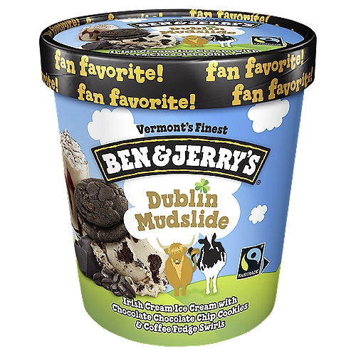 Ben & Jerry's Ice Cream Dublin Mudslide 16oz
Irish Cream Ice Cream with Chocolate Chip Cookies & Coffee Fudge Swirls

Ben & Jerry's Dublin Mudslide ice cream is back! Featuring Irish cream ice cream, chocolate chocolate chip cookies, and coffee fudge swirls, this spirited ice cream originally graced freezer shelves from 2004 to 2007, and now it's back by popular demand.
You asked for it, and we started churning! Dublin Mudslide ice cream is back with a fresh new twist: The Irish cream ice cream is made with Wheyward Spirits whey spirit, a sustainably produced farm-to-flask spirit. It's made from whey, a byproduct of dairy production that dairy companies often struggle to find a use for. Enter: Wheyward Spirits. A woman-owned company founded by a former food scientist in the natural food and dairy industry, Wheyward Spirits repurposes whey into a sippable, mixable spirit that happens to pair perfectly with Ben & Jerry's, chocolate chocolate chip cookies and coffee fudge swirls and making this one of your new favorite ice cream treats. What's not to love? Dig into a pint today while you ponder the deliciously existential question, “If beloved ice cream flavors can return from the Flavor Graveyard, then what does it mean to be dearly depinted?''
Ben & Jerry's homemade ice cream is made with non-GMO sourced ingredients, including Fairtrade Certified cocoa, sugar, coffee, vanilla and is kosher ice cream. Plus, it comes in responsibly sourced packaging, so you can feel good about every scoop.
