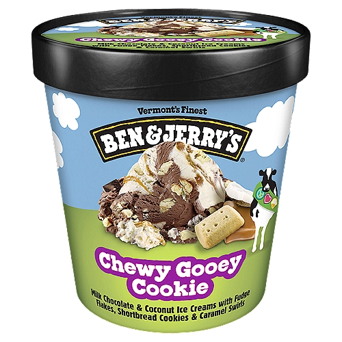 Ben & Jerry's Ice Cream Chewy Gooey Cookie 16oz
Ben & Jerry's Chewy Gooey Cookie ice cream features milk chocolate and coconut ice creams, fudge flakes, shortbread cookies, and caramel swirls. Ice cream lovers are coconuts for this cookie-and-caramel-packed delight! Whether you're in it for the milk chocolate ice cream and fudge flakes or the caramel and shortbread cookies, this pint delivers something for everybody.
Dig into Ben & Jerry's Chewy Gooey Cookie ice cream for a coconutty, fudgy adventure that hits all the right textures as well as all the right flavors in this frozen dessert. There's no need to go scouting for other coconut-caramel-fudge-and-shortbread ice cream flavors, this one is the ultimate indulgence. Coconut and caramel are a perfect flavor match, and when our Flavor Gurus added shortbread and fudge into the mix, we knew they had churned up a winning combo. It's like your favorite fudgy, caramel-packed, coconut-topped shortbread cookie, but in Ben & Jerry's ice cream form. And what better form is there? Chill out with a scoop of this decadent ice cream delight and mull over all the many things that you could make tastier with the addition of coconut and caramel. Breakfast cereal? Smoothies? The sky is the limit.
Ben & Jerry's homemade ice cream is made with non-GMO sourced ingredients, including Fairtrade Certified cocoa, vanilla, and sugar. It's made with eggs from cage-free hens, and comes in responsibly sourced packaging.

Milk Chocolate & Coconut Ice Creams with Fudge Flakes, Shortbread Cookies & Caramel Swirls

You don't have to be a coconut fan to fall in love with this flavor. The fusion of milk chocolate & coconut ice creams with crunchy cookies gooey caramel results in what some claim to be a modern day miracle of flavor alchemy.