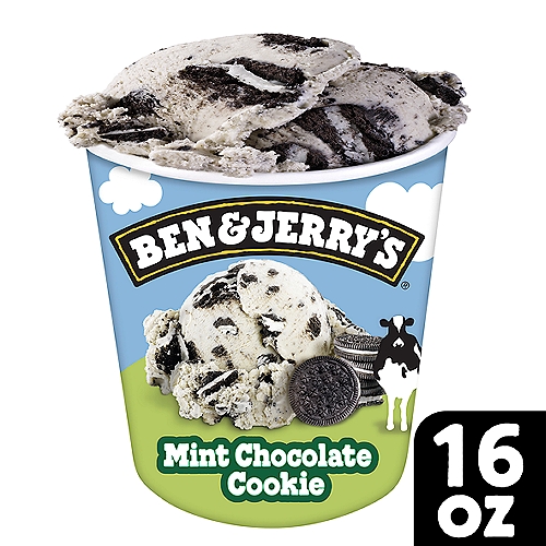 Ben & Jerry's Ice Cream Mint Chocolate Cookie 16 oz
Ben & Jerry's perky peppermint ice cream with plentiful chunks of chocolate sandwich cookies. It's like a crisp winter day for your taste buds. Grab your shovel and start digging!

In case you've ever wondered what makes this wintry, minty flavor so cool: it's the pepperminty excellence we packed in it, not to mention all those chocolate cookies. It's the perfect pairing as you burrow into the couch for extended hibernation—movie marathons and binge-watching back-to-back seasons.

Of course, spend enough time staring at your spoon, and you might start wondering why this mint ice cream flavor isn't green. The Reason being is that we're striving for ice cream perfection, not that sketchy stuff made with artificial flavors or colors. Take a scoop, or two or three, and we think you'll agree…the prominent peppermint excellence of this concoction is unlike anything in the freezer aisle.

Super premium ice cream is nothing without amazing ingredients—that's why Ben & Jerry's is committed to sustainability. Like all of our frozen desserts, Mint Chocolate Cookie is made with non-GMO sourced ingredients and Fairtrade-certified cocoa and sugar, and cage-free hens lay our eggs. Responsibly sourced packaging delivers this ice cream pint to your freezer with less impact on the planet.

Peppermint Ice Cream with Chocolate Sandwich Cookies