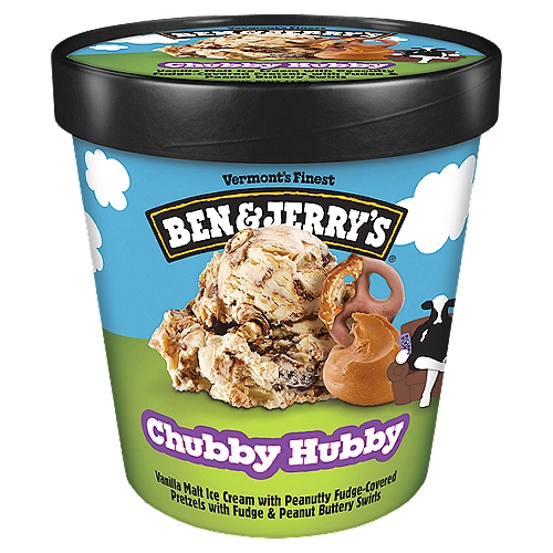Ben & Jerry's Chubby Hubby Ice Cream, 16 oz
Ben & Jerry's Vanilla malt ice cream with peanutty fudge-covered pretzels with fudge and peanut-buttery swirls. This pint is packed to the brim with the very best combination of fudge-covered pretzels, swirled through with fudge and peanut butter. With a name like that, are you surprised that Chubby Hubby is a decadently delightful frozen treat?

Chubby Hubby has been around since 1994, so it's gotten easy to take its sweet, cuddly presence in your life for granted. But what if we told you that the flavor wouldn't exist without the two prankster co-workers who decided to convince their Ben & Jerry's-loving boss that there really was a flavor called “Chubby Hubby?'' (There wasn't. At least back then.) After he scoured freezer case after freezer case for the made-up flavor, those pranksters started feeling a little guilty. So, they whipped up the first batch of the now-beloved fudge-pretzel, peanut butter and vanilla malt-flavored ice cream at home. Their boss loved it, and we loved it here at Ben & Jerry's, too, welcoming it into our family with wide, wide-open arms.

We can also wrap our arms around Chubby Hubby's ingredients and the way it's made—like all of our pints, Chubby Hubby uses Non-GMO sourced ingredients, eggs from cage-free hens, and the cocoa, sugar and vanilla is all Fairtrade. It's packaged up in a responsibly sourced container, this pint is too good to take for granted.