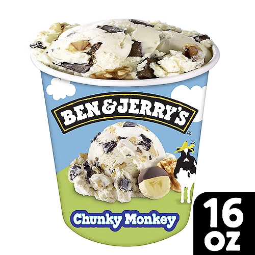 Ben & Jerry's Ice Cream Chunky Monkey 16 oz
Ben & Jerry's Banana ice cream with fudge chunks and walnuts: the nuttiest chocolatey-chunkiest concoction-gone-bananas you'll ever go ape for. 

This taste sensation was suggested by a college student in New Hampshire, way back in 1988. The idea seemed so perfect that we got started on it right away. Of course, we had to monkey around with bunches of test batches to get it just right, but we did, and the rest is history. Twenty-two years on we made it even sweeter with the addition of Fairtrade bananas. Today it remains one of Ben & Jerry's most iconic flavors.

Every time you plunge your spoon into a bowl of Chunky Monkey you're guaranteed to scoop up huge chocolate chunks and perfectly crunchy walnuts all surrounded by impossibly smooth banana ice cream. It's a monkey's dream. Well, actually, plenty of ice cream lover seem to think it's pretty dreamy too. Note: No monkeys were harmed in the making of this ice cream (well, okay, maybe some bananas got a little roughed up). Enjoy!

Ben & Jerry's gets all our cocoa, sugar, vanilla and bananas from Fairtrade certified producers. Our ice cream is made with non-GMO sourced ingredients and cage-free eggs. We always use responsibly sourced packaging.

Banana Ice Cream with Fudge Chunks & Walnuts