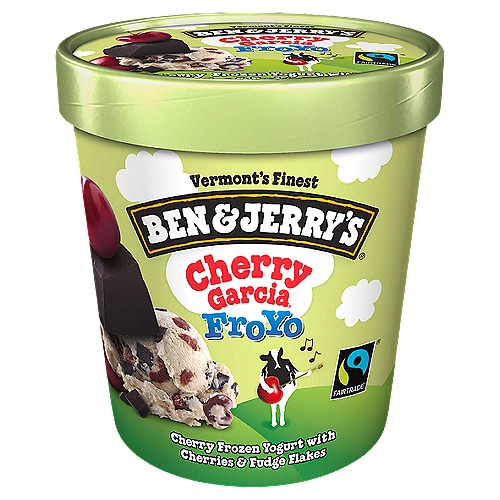 Ben & Jerry's Cherry frozen yogurt with cherries and chocolate fudge flakes. Cherry Garcia FroYo is our frozen yogurt tribute to guitarist Jerry Garcia and his fans everywhere, and it all started with a piece of fan mail.
 
You see, before smartphones and social media, our fans spoke to us via handwritten notes pinned to the bulletin boards at our Scoop Shops. It was 1986 when one such fan was persistent enough to mail a postcard to our main office in Burlington, Vermont. Super premium ice cream meets great guitar solos? It was genius!
 
Cherry Garcia ice cream debuted in 1987 and quickly became a top three flavors. In fact, the first eight ice cream pints went straight to Mr. Garcia and were met with two thumbs up! Four years later, in 1991, fan-requests were answered once again with the release of the frozen yogurt version of this legendary flavor. As for the fan who sent in the anonymous postcard? She got a trip to Vermont and a year's supply of Ben & Jerry's.
 
It's been a long, strange trip ever since, but what remains is Ben & Jerry's commitment to producing the world's best frozen desserts in the most responsible way possible. Like all of our flavors, Cherry Garcia FroYo is made with non-GMO sourced ingredients, cage-free eggs, and Fairtrade certified cocoa, sugar, and vanilla. The milk and cream is certified kosher and delivered by happy cows via our Caring Dairy Farmers. Our frozen yogurt pints feature responsibly sourced packaging.