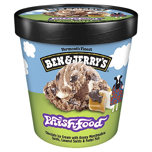 Ben & Jerry's Ice Cream Phish Food® 16 oz
Chocolate Ice Cream with Gooey Marshmallow Swirls, Caramel Swirls & Fudge Fish

''Ben was our neighbor through the woods & we're fond of ice cream. So we teamed up to create Phish Food®. A portion of our royalties from this flavor goes toward environmental efforts in Vermont's Lake Champlain Watershed. Enjoy!''- Phish

Chocolate ice cream with gooey marshmallow, caramel swirls and fudge fish. It's delicious, but how did it come to be? 

Ben had been pondering the lack of a good marshmallow ice cream for years. “Most attempts at marshmallow were wispy. You can see the white streaks, but you can't taste them, you can't feel them, you can't experience the true glorious marshmallowness of it all,'' Ben remembers. Well, back in 1995, we suggested to the rock band Phish that we celebrate our shared Vermont, USA, roots by creating a Phish flavor. As the wheel started turning on the collaboration, Ben saw an opportunity to solve the marshmallow conundrum once and for all. Starting with a base of rich chocolate ice cream, he and our flavor gurus started bringing the band test tubs of the evolving concoction. “We ate many test tubs around the table with Phish. We've done flavors with other artists and entities, but nobody was more involved in creating the flavor than Phish was,'' Jerry says. The band was instrumental, for example, in calling for caramel swirl, an addition that pushed the flavor over the top. 

We work with Fairtrade certified producers for cocoa, sugar and vanilla. All of Ben & Jerry's ice cream is made with non-GMO sourced ingredients and cage-free eggs. Ben & Jerry's uses responsibly sourced packaging.