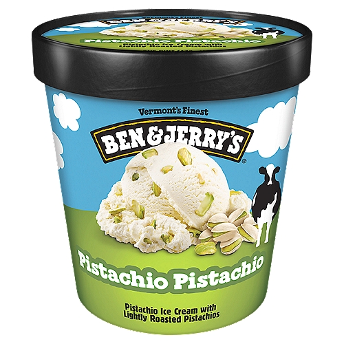 Ben & Jerry's Vermont's Finest Pistachio Pistachio Ice Cream, one pint
Ben & Jerry's Rich and creamy pistachio ice cream loaded to the brim with chunks of lightly roasted whole pistachios. The name alone shows how much we love pistachios. But don't just take our word for it - let the flavor speak for itself!

We'll admit it, we're almost as nuts for pistachios as we are for ice cream. So much so that this Ben & Jerry's ice cream recipe dates way back to 1988. It's been a hit ever since. There's just something unmistakably addictive about the subtle play of salty sweetness in each mouth-watering scoop. Pistachio Pistachio...simple pleasures, indeed!

Of course, for Ben & Jerry's, it's done well, or not done at all, and that's a big part of what separates this flavor from other pistachio ice creams in the freezer aisle. You see, we refuse to use artificial flavors or colors. Pistachio Pistachio keeps it real and that's what makes it hands-down the best one out there.

The goodness doesn't end there, with Ben & Jerry's committed to crafting the best frozen desserts in the most sustainable way possible. We work with Fairtrade certified producers for the sugar in this flavor; and all our ice cream is made with non-GMO sourced ingredients and cage-free eggs. Plus this ice cream pint's packaging is responsibly sourced.