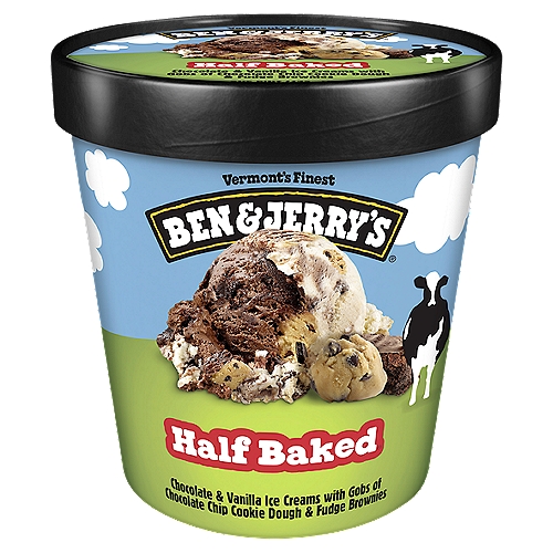 Ben & Jerry's Vermont's Finest Half Baked Ice Cream, one pint
Chocolate & Vanilla Ice Creams with Gobs of Chocolate Chip Cookie Dough & Fudge Brownies

Ben & Jerry's is proud to partner with fellow B Corps, Greyston & Rhino Bakeries to bring you Half Baked. The incredible stories behind the brownies & cookie dough makes this a flavor that not only tastes good, but does good.