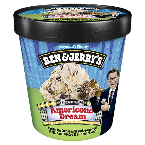 Ben & Jerry's Vermont's Finest Americone Dream Ice Cream, one pint
Vanilla Ice Cream with Fudge-Covered Waffle Cone Pieces & a Caramel Swirl

Founded in fudge-covered waffle cones, this caramel-swirled concoction is the only flavor that gets a s'cream of approval from The Late Show host, Stephen Colbert. What's sweeter is this flavor supports charitable causes through The Stephen Colbert AmeriCone Deam Fund.