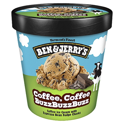 Ben & Jerry's Ice Cream Coffee Coffee BuzzBuzzBuzz!® 16 oz
Ben & Jerry's Coffee ice cream with espresso bean fudge chunks. With its espresso-on-coffee verve, this flavor will get you amped for just about anything!
Java junkies. They're easy to spot in a crowd. They're the ones furiously tapping away on their laptops, dictating an email via voice-to-text, and mapping their next location while concurrently tagging their immediate location on social media. Envious of their productivity? Yeah, us too. That's why we decided that we needed a flavor that could power us through from the 2 p.m. slump to the post-dinner blues. Something smooth, yet peppy. Sophisticated, yet a little sweet around the edges. And like a bat out of the underworld, Coffee, Coffee BuzzBuzzBuzz came zipping into our lives. Several wild-and-crazy Flavor Lab sessions later, our Flavor Gurus raised a trembling spoon to vote “yes'' to the buzz. We haven't actually seen them since that fateful day in 1996, but the flavor output since then has been incredible—so we're guessing their caffeine-induced euphoria is still going strong.
We're super passionate about our coffee—but we also care—a lot—about where it comes from. Which is why the coffee, cocoa, and sugar in Coffee, Coffee BuzzBuzzBuzz are all sourced from Fairtrade certified growers, and all the ingredients are non-GMO sourced. We also use eggs from cage-free hens. And if you can take a moment before pouring—er, spooning—up a cup, you can appreciate our responsibly sourced packaging, too!
