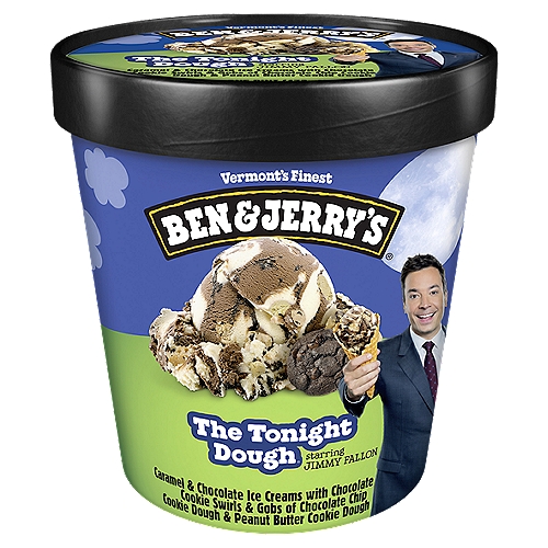Ben & Jerry's Vermont's Finest The Tonight Dough Starring Jimmy Fallon Ice Cream, 1 pint
Caramel & Chocolate Ice Creams with Chocolate Cookies Swirls & Gobs of Chocolate Chips Cookies Dough & Peanut Butter Cookies Dough
