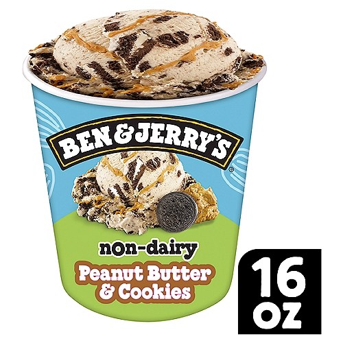 Ben & Jerry's Non-Dairy Peanut Butter & Cookies Frozen Dessert 16 oz
Ben & Jerry's Vanilla with chocolate sandwich cookies and crunchy peanut butter swirls. No, you're not dreaming…it really is Non-Dairy and Certified Vegan!
When our fans asked us to offer dairy-free options, we said why not? So, we got busy in the kitchen, tasting, testing, and tweaking. Offering a vegan frozen dessert we could be proud to put our name on was no small task. It took nearly three years to perfect the recipe but dig in, and we think you'll agree that this frozen dessert is ridiculously delicious. In fact, this Peanut Butter & Cookies Non-Dairy frozen dessert was so good that some folks around our Vermont office couldn't believe it was made with almond milk. Of course, being the overachievers that we are, going dairy-free was not enough, so we also made it 100% certified vegan ice cream too. It's as good as it gets, all the while remaining boldly loaded with the chunks and swirls you'd expect from Ben & Jerry's. The best Non Dairy ice cream is nothing without great ingredients. That's why Ben & Jerry's is committed to crafting its products in the most responsible way possible. P. B & Cookies is a gmo free ice cream and uses Fairtrade certified cocoa, and vanilla. It's all wrapped up in responsibly sourced packaging to have as little impact on our planet as possible.

Vanilla with chocolate sandwich cookies & crunchy peanut butter swirls