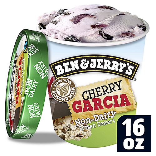 Ben & Jerry's Non-Dairy Cherry Garcia Frozen Dessert 16 oz
Cherry non-dairy frozen dessert with cherry vegan ice cream, cherries and fudge flakes. This flavor is our tribute to guitarist Jerry Garcia fans everywhere, and it all started with a piece of fan mail.

You see, back in the day, before smartphones and social media, our fans spoke to us via handwritten notes pinned to the bulletin boards at our Scoop Shops. Sometime in 1986, one such fan mailed a postcard to our main office in Burlington, Vermont. Ice cream meets great guitar solos? We loved the idea, and Ben immediately began creating the iconic concoction. Cherry Garcia debuted in 1987 and quickly became one of our top three most popular flavors. But just as every good musician has to evolve, Ben & Jerry's does, too. So in answer to queries from all of those air-guitar heroes who can't or choose not to eat dairy, we decided it was time to create this fan favorite into a non-dairy ice cream and it's 100% vegan. It's made with smooth and creamy almond milk, which is the perfect blank canvas for the cherries and fudge flakes we pack into this pint. Same euphoria, minus the dairy—and here's hoping it inspires at least a few soulful guitar riffs powered by this non-dairy ice cream.

Like all of our flavors, Cherry Garcia is a gmo free ice cream and uses Fairtrade certified cocoa and vanilla. If that's not enough, we went one step further to gain 100% vegan diet certification. All the flavor is wrapped in responsibly sourced packaging so you can feel good about what's in your freezer.