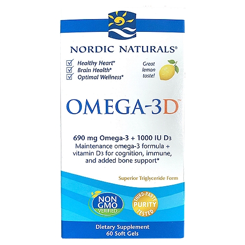 NORDIC NATURALS Omega-3D Omega-3 + 1000 IU D3 Fish Oil Soft Gels Dietary Supplement, 690 mg, 60 coun