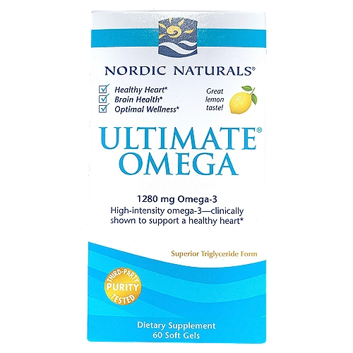 NORDIC NATURALS Ultimate Omega Omega-3 Dietary Supplement, 1280 mg, 60 count
Healthy heart*
Brain health*
Optimal wellness*

High-intensity omega-3-clinically shown to support a healthy heart*

The #1-selling omega-3 in the U.S.+, Ultimate Omega® offers concentrated levels of omega-3s for high-intensity essential fatty acid support. Ultimate Omega helps optimize immune function, supports brain health, and has been clinically shown to support a healthy heart.*
+Based on SPINS scan data.
* These statements have not been evaluated by the Food and Drug Administration. This product is not intended to diagnose, treat, cure, or prevent any disease.