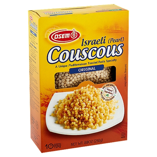Osem Original Israeli (Pearl) Couscous, 8.8 oz
A Unique Mediterranean Toasted Pasta Specialty

Osem Israeli (Pearl) Couscous is a very versatile pasta uniquely toasted in an open flame oven, which allows it to absorb liquids while remaining ''al-dente''. It makes a perfect side dish to meat, poultry or fish. It is also delicious as a main course mixed with vegetables or with your favorite pasta sauce. Osem Israeli (Pearl) Couscous is also great as a cold pasta salad.