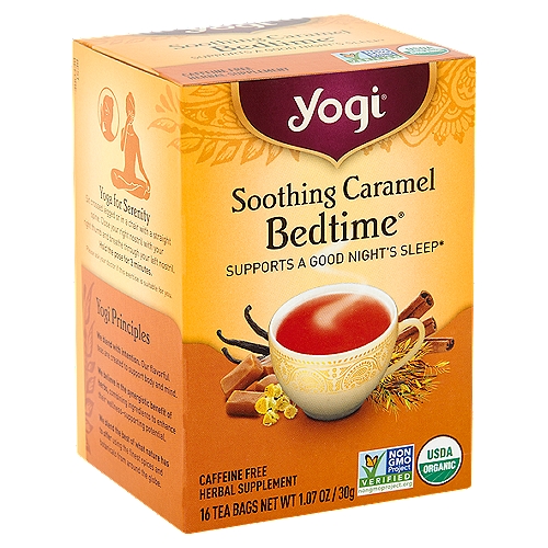 Yogi Soothing Caramel Bedtime Herbal Supplement, 16 count, 1.07 oznSupports a Good Night's Sleep*nnRelax and Unwind with Soothing Caramel Bedtime®nFormulated to support relaxation, chamomile flower, skullcap and L-theanine are blended to help calm the body and mind for a good night's sleep. Sweet rooibos, caramel and vanilla flavors combine for a delicious and warming tea. Unwind with a cup of our Soothing Caramel Bedtime® tea.*n*These statements have not been evaluated by the FDA. This product is not intended to diagnose, treat, cure, or prevent any disease.